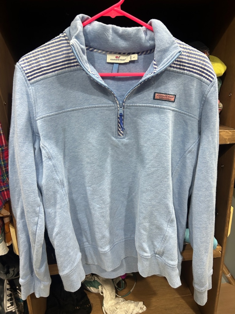 Vineyard Vines Women’s Sky Blue Half-Zip Pullover with Striped Shoulder Accents
